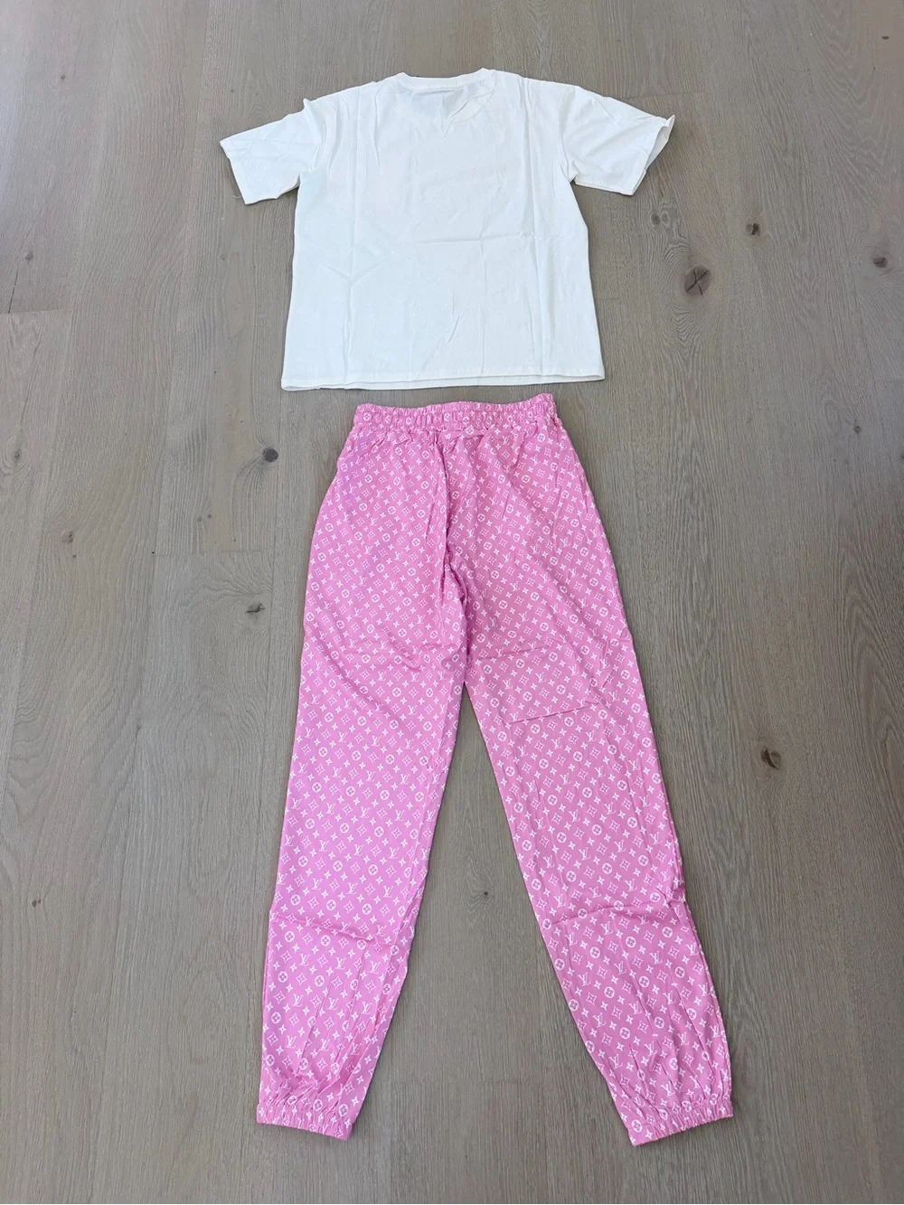 Women's Pink Patterned Lounge Set - White Top & Pink Pants size S